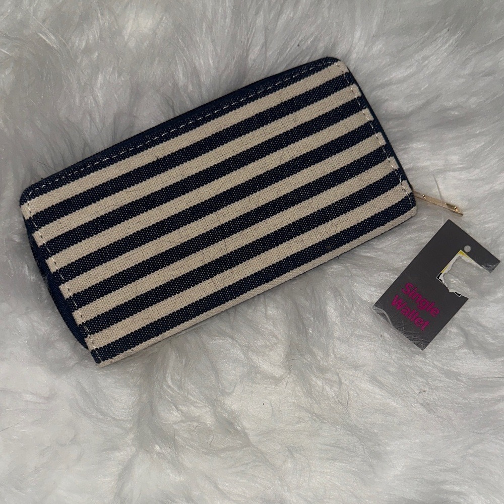 Navy Blue Cream Striped Canvas Zip Around Wallet Gold Hardware Nautical Style